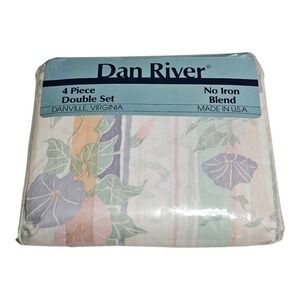 VTG Dan River Full Double Size Sheet Set 4pc Flowers & Stripes Pastel USA NEW